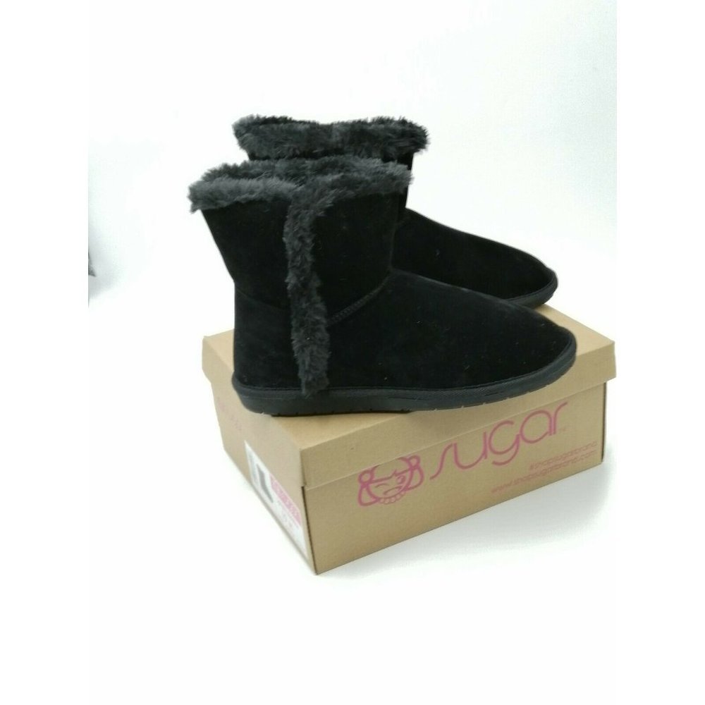 Sugar Polly Fuzzy Winter Booties Boots  Black Micro Women's US 6 M New